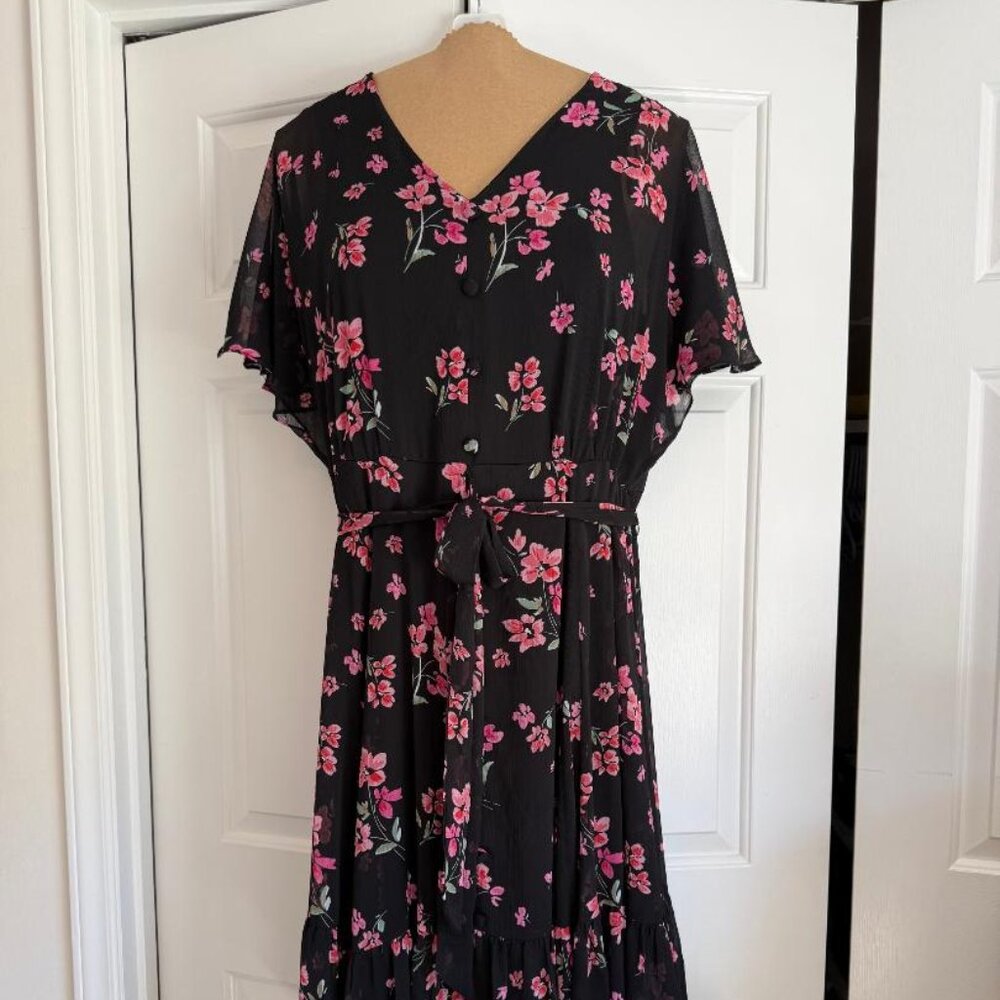 V-Neck Ruffle Short Sleeve Floral Print Maxi Dress